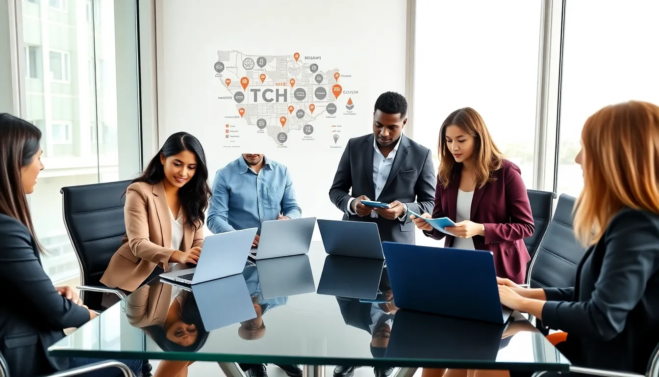 diverse professionals collaborating in a modern Miami startup office.