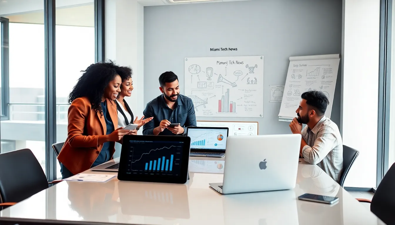 diverse team in a Miami office discussing tech startups.