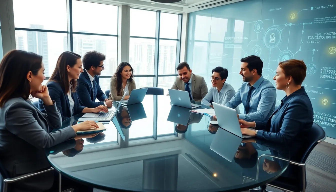 diverse professionals collaborating in a modern office discussing tech job trends.