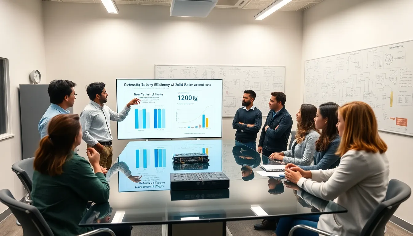 diverse team discussing energy storage technology innovations in a modern lab.