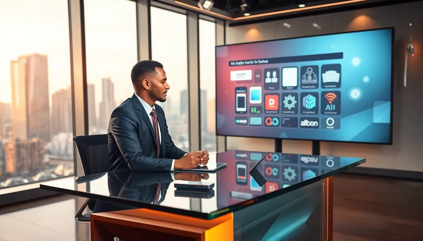 host presenting technology news in a modern studio.