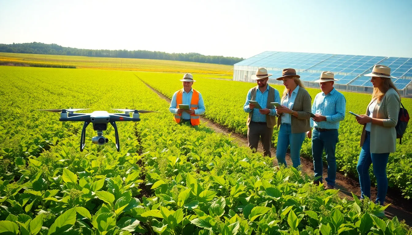 farmers using smart technology in a sustainable agricultural setting.