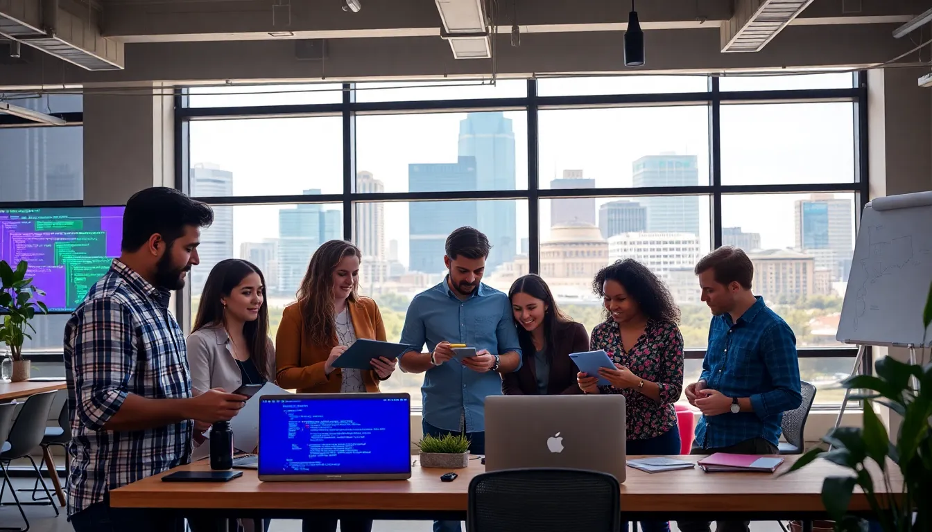 diverse team collaborating in a modern Austin tech workspace.
